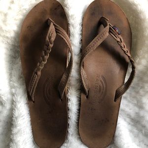 Rainbow braided flip flops